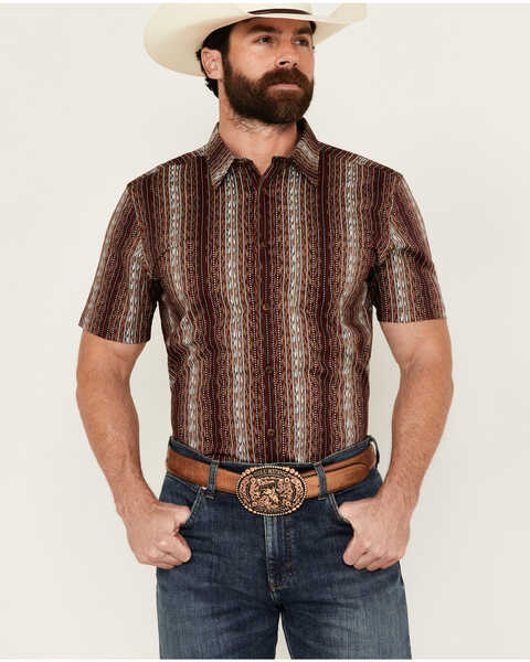 Image #1 - Cody James Men's Wood Cut Southwestern Striped Short Sleeve Button-Down Stretch Western Shirt, Burgundy, hi-res