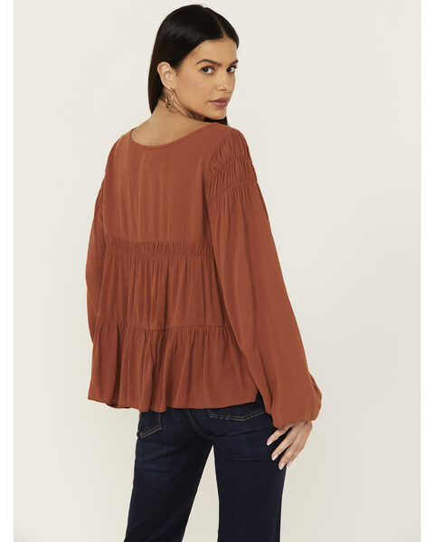 Image #4 - Cleo + Wolf Women's Tiered Flowy Tie Front Blouse , Rust Copper, hi-res