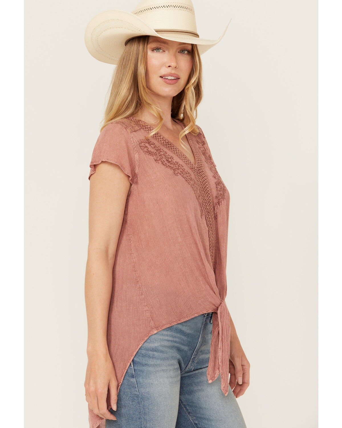 Image #2 - Nostalgia Women's Lace Trim Short Sleeve Tie Front Shirt, Mauve, hi-res