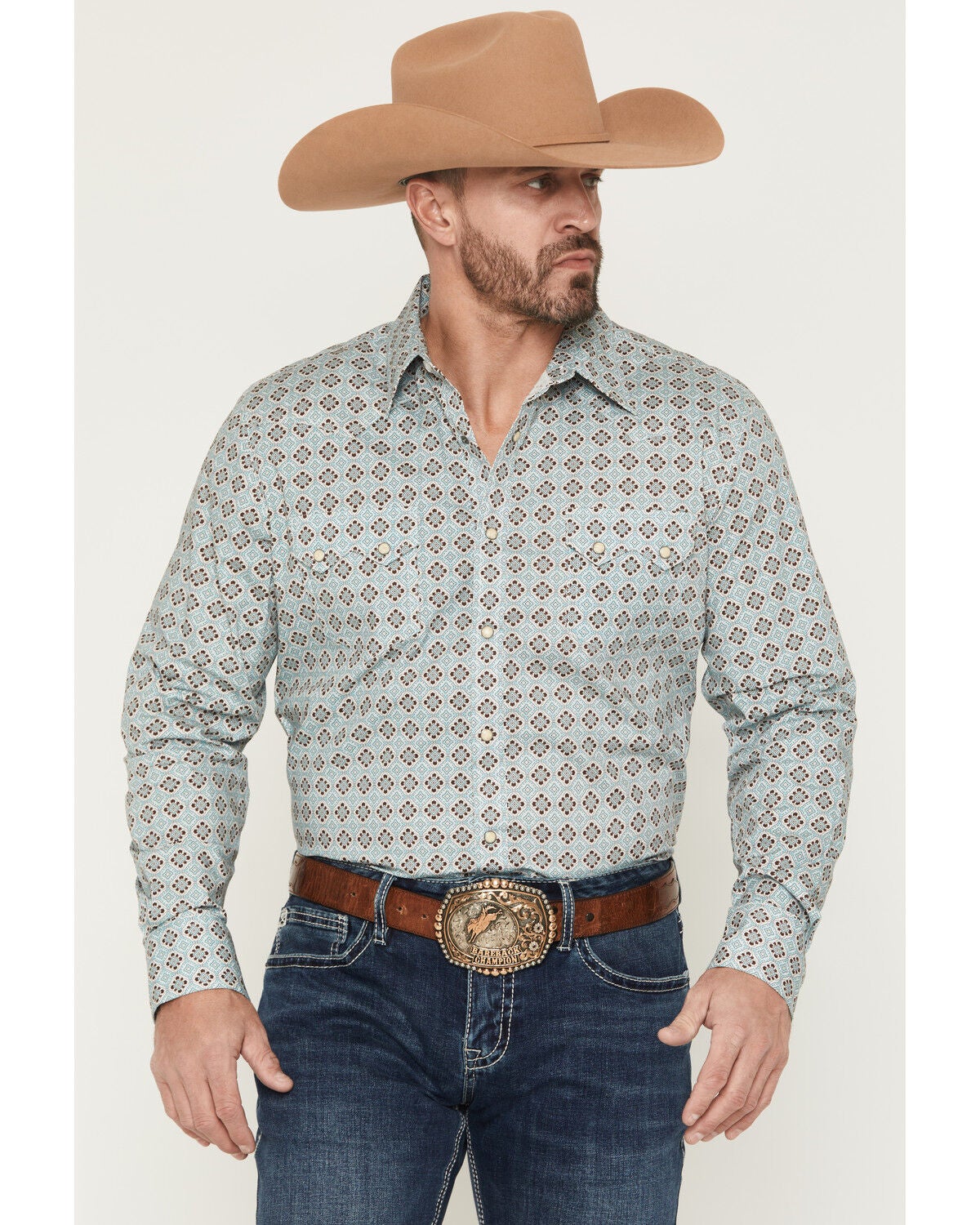 Rock & Roll Denim Men's Medallion Print Long Sleeve Snap Stretch Western Shirt, Teal, hi-res
