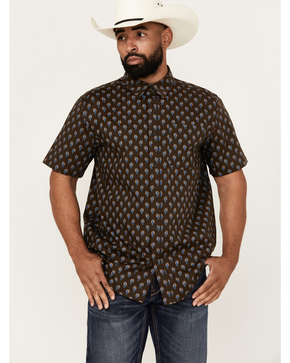 Image #1 - Cody James Men's Lampshade Paisley Print Short Sleeve Button-Down Stretch Western Shirt, Brown, hi-res