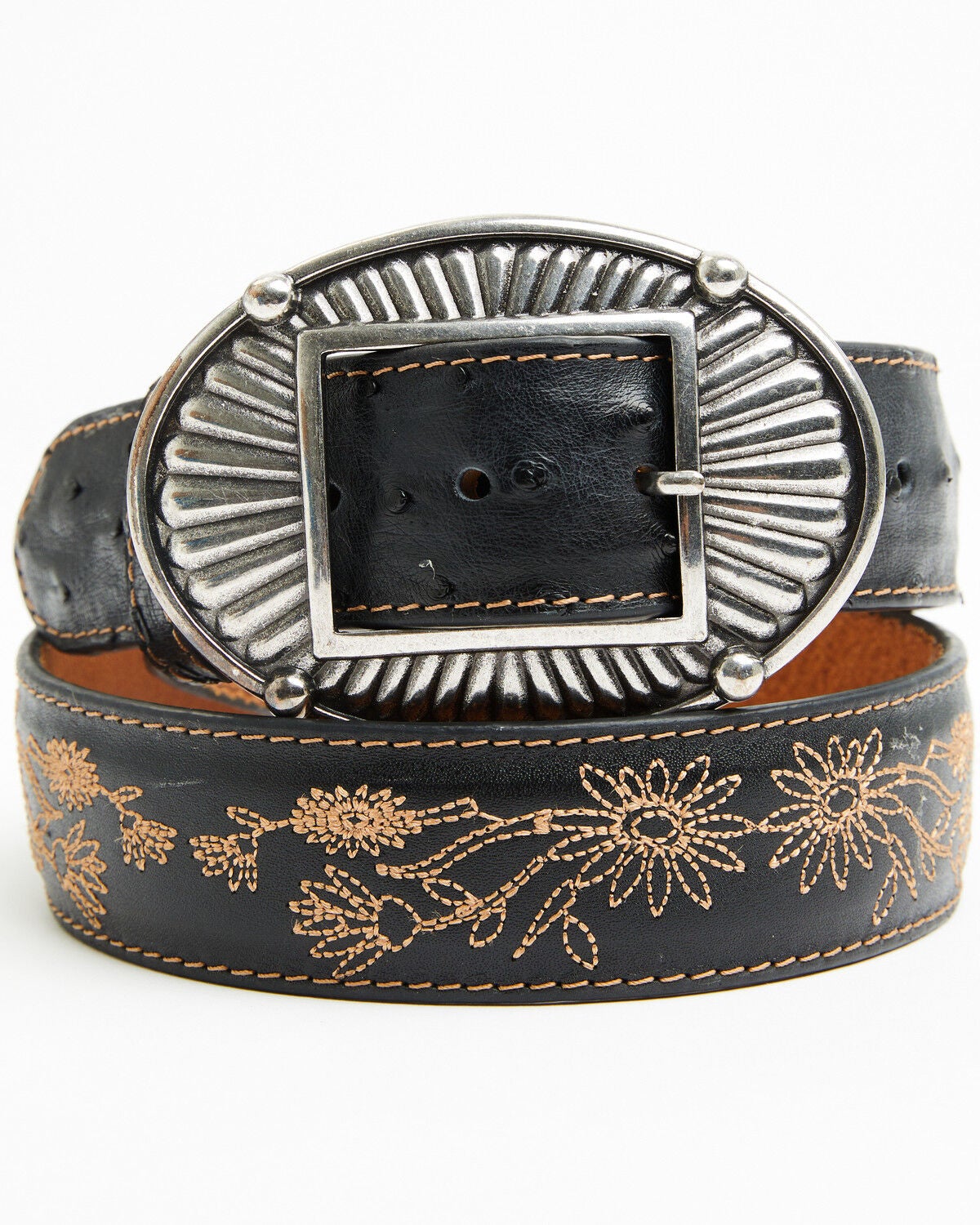Shyanne Women's Exotic Ostrich Floral Embroidered Belt, Black, hi-res