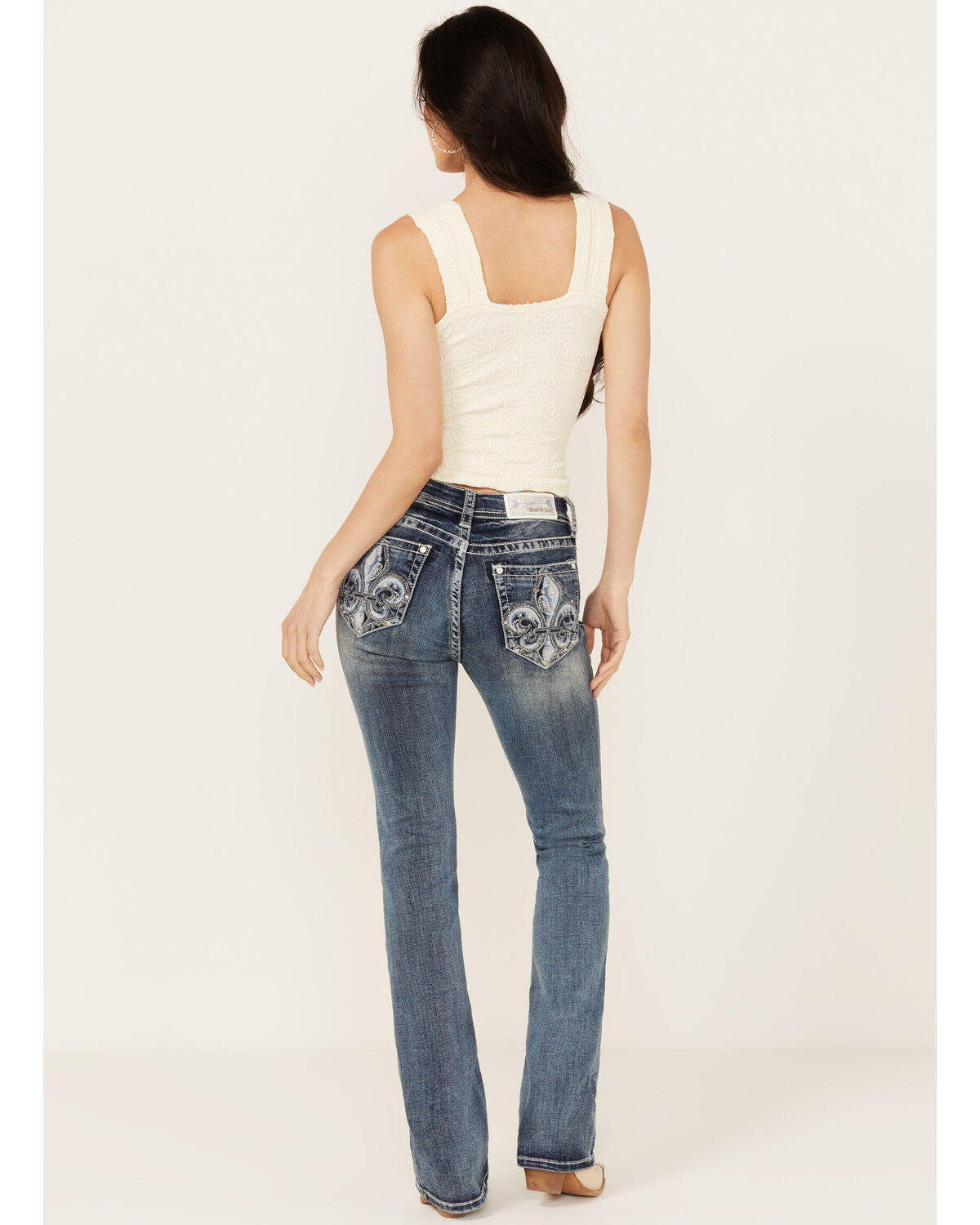 Image #1 - Grace In LA Women's Fleur De Lis Embroidered Pocket Bootcut Stretch Denim Jeans, Medium Wash, hi-res