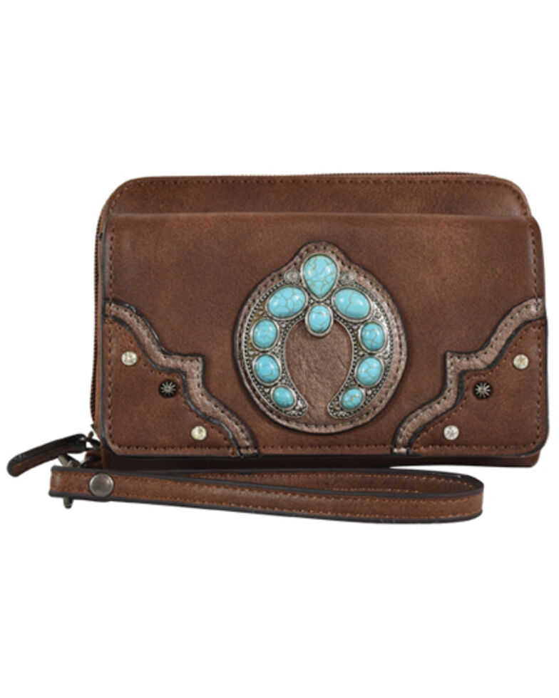 Justin Women's Turquoise Naja Concho Squash Blossom Brown Wristlet Wallet, Brown, hi-res