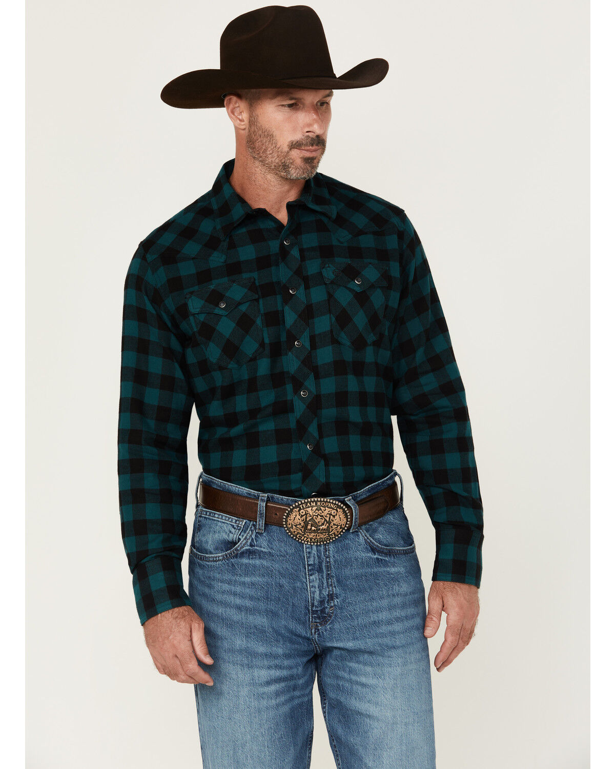 Image #1 - Wrangler Retro Men's Checkered Print Long Sleeve Snap Flannel Shirt, Dark Teal, hi-res