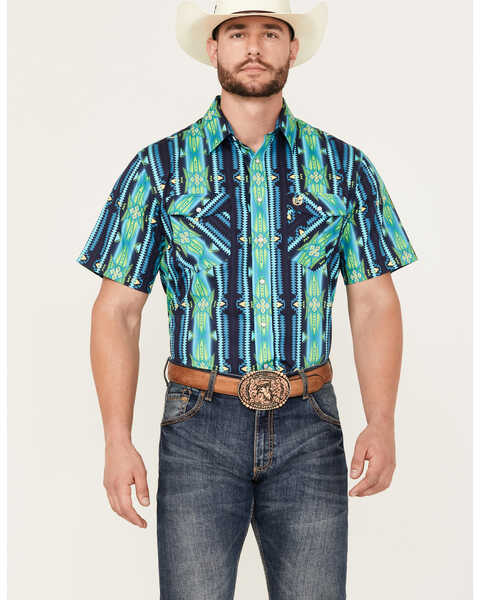 Image #1 - Panhandle Select Men's Southwestern Print Short Sleeve Snap Western Shirt, Turquoise, hi-res
