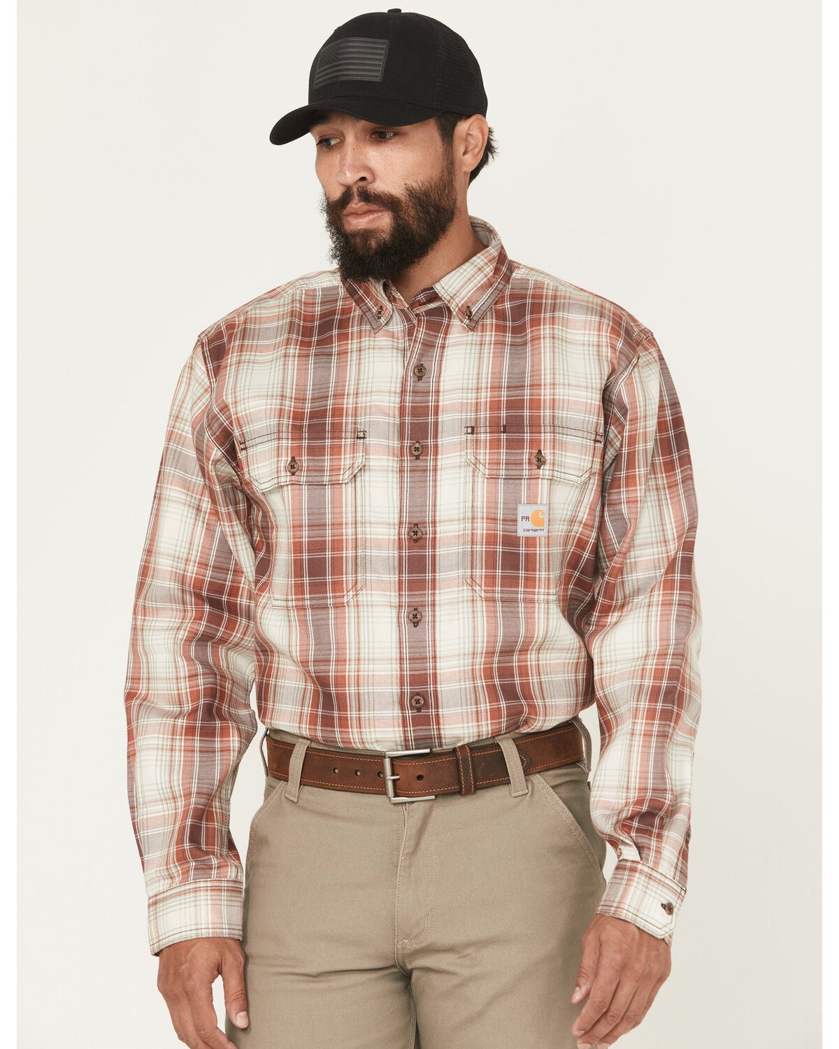 Carhart Men's FR Force Rugged Flex&reg; Loose Fit Midweight Plaid Print Long Sleeve Button-Down Work Shirt, Wine, hi-res