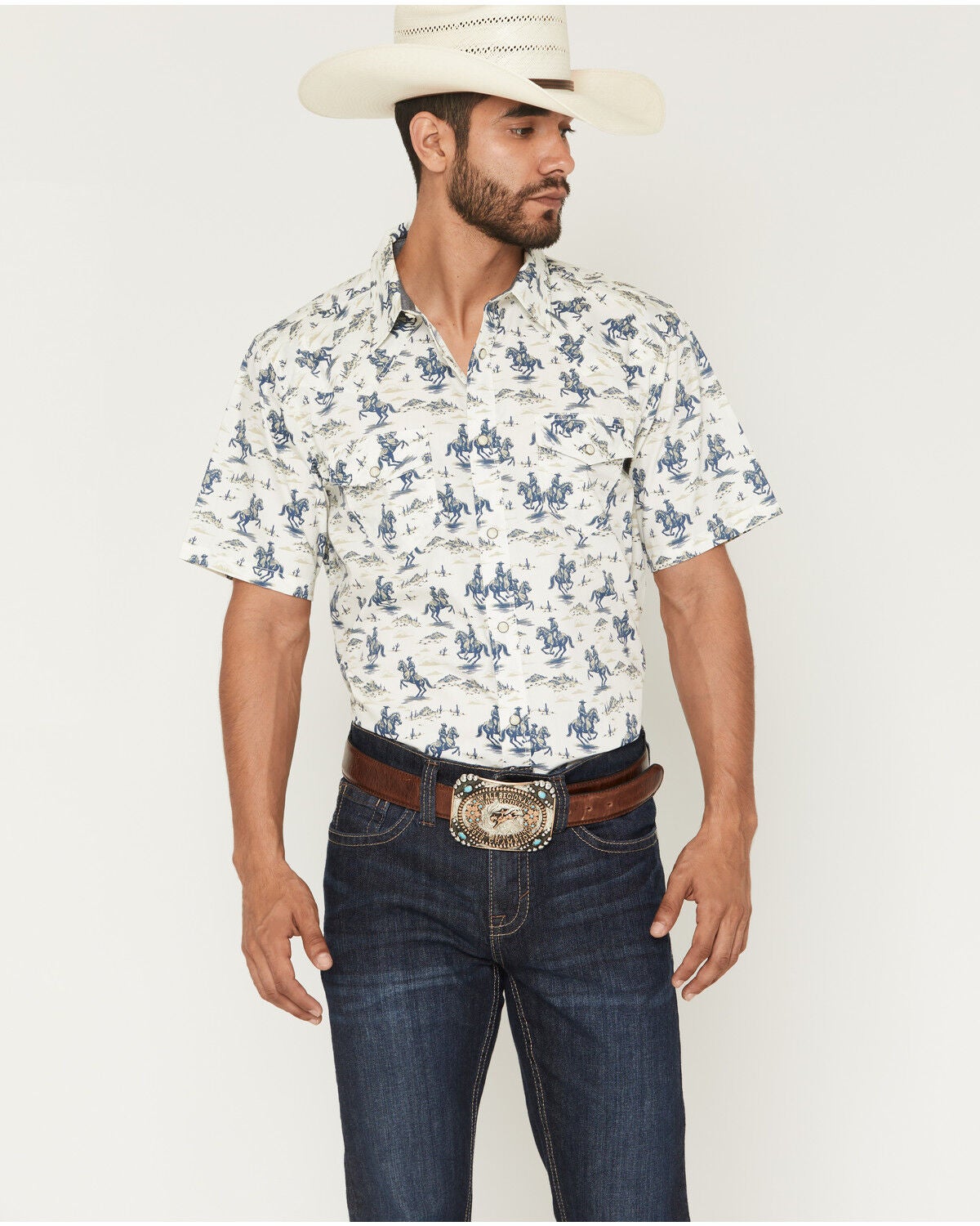 Cody James Men's Amos BBQ Western Print Short Sleeve Snap Western Shirt, Blue, hi-res