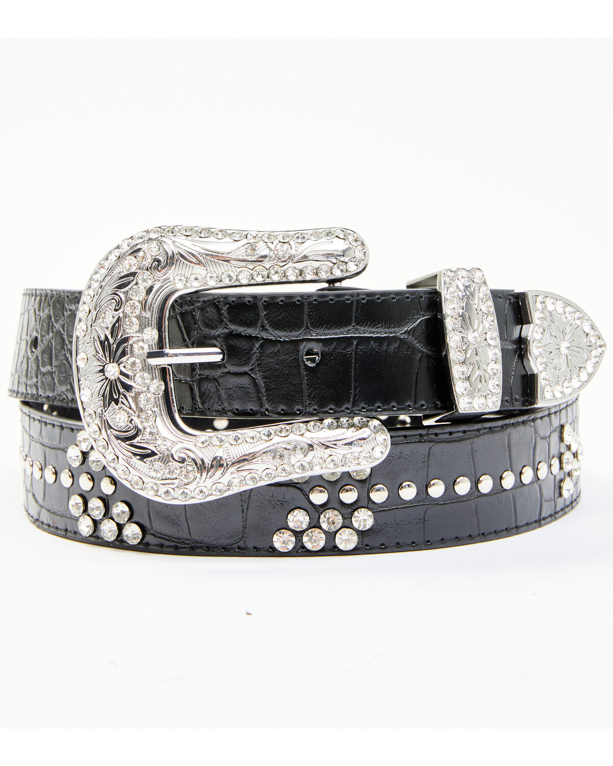 Image #1 - Shyanne Women's Croc Print Bling Arrow Belt, Black, hi-res