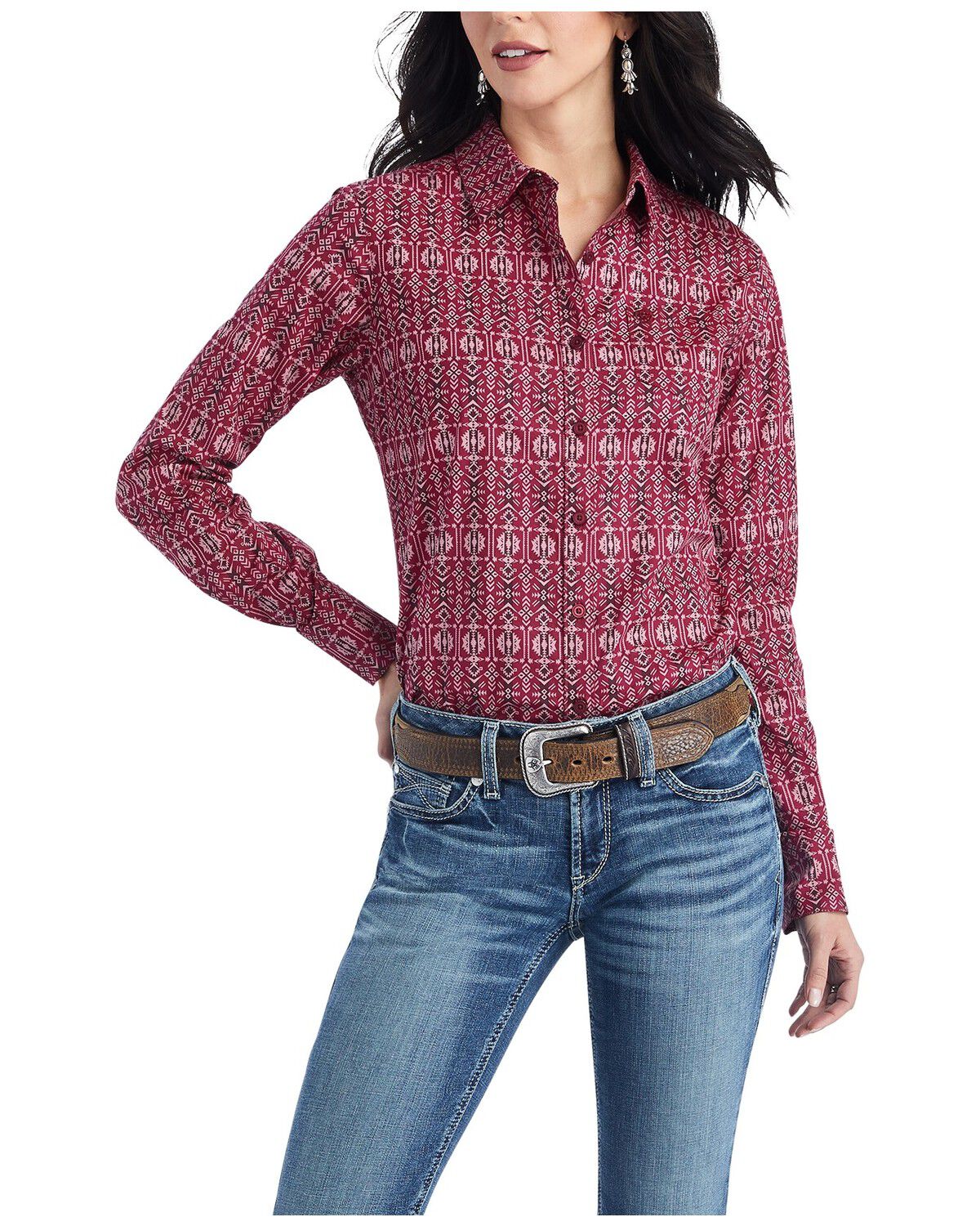 Ariat Women's Kirby Southwestern Stripe Print Long Sleeve Button-Down Stretch Western Shirt, Burgundy, hi-res