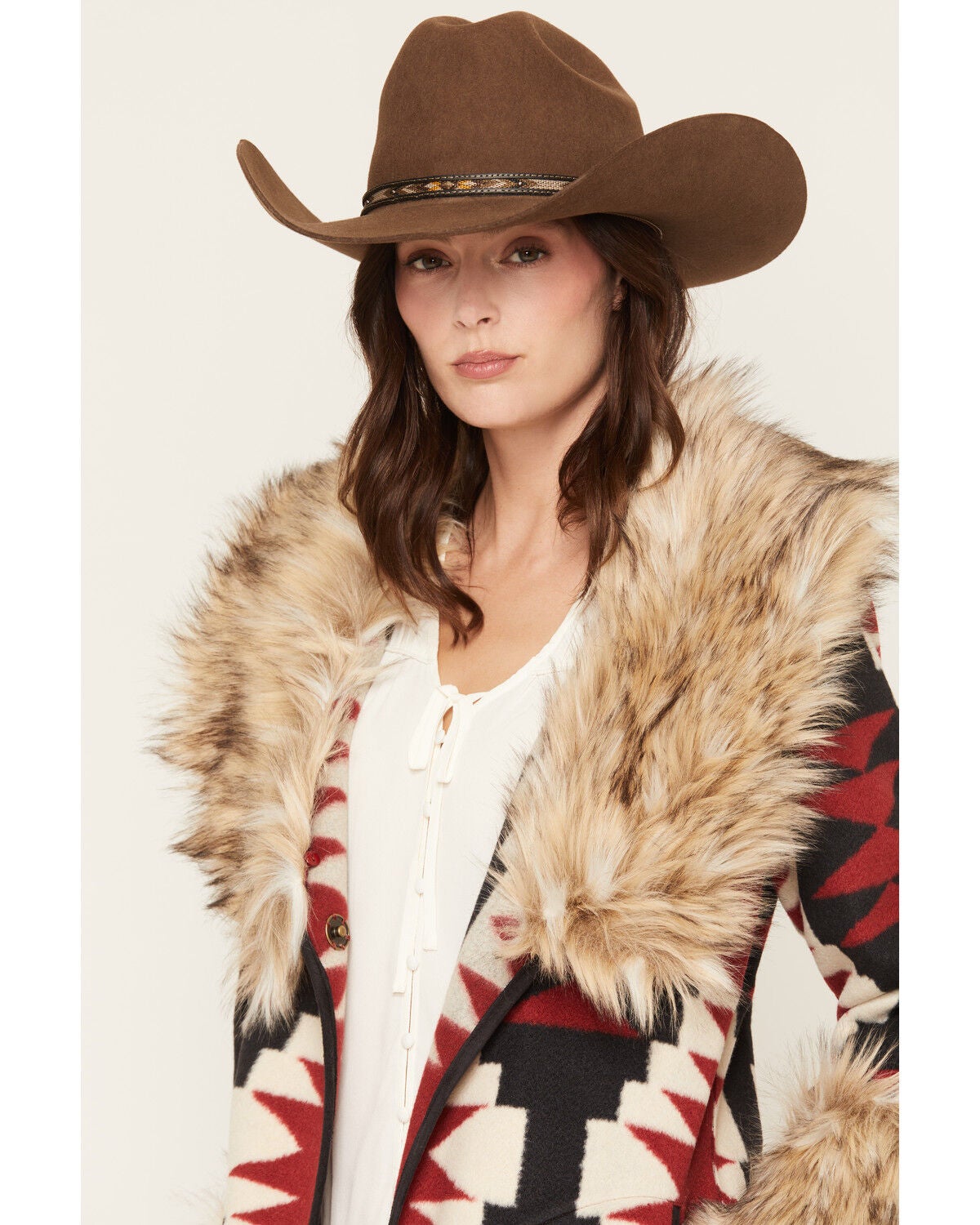 Image #2 - Tasha Polizzi Women's Clay Faux Fur Southwestern Print Coat, Red, hi-res