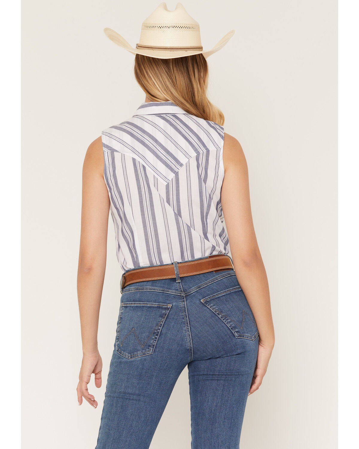 Image #4 - Wrangler Retro Women's Boot Barn Exclusive Striped Sleeveless Pearl Snap Western Shirt, Blue, hi-res
