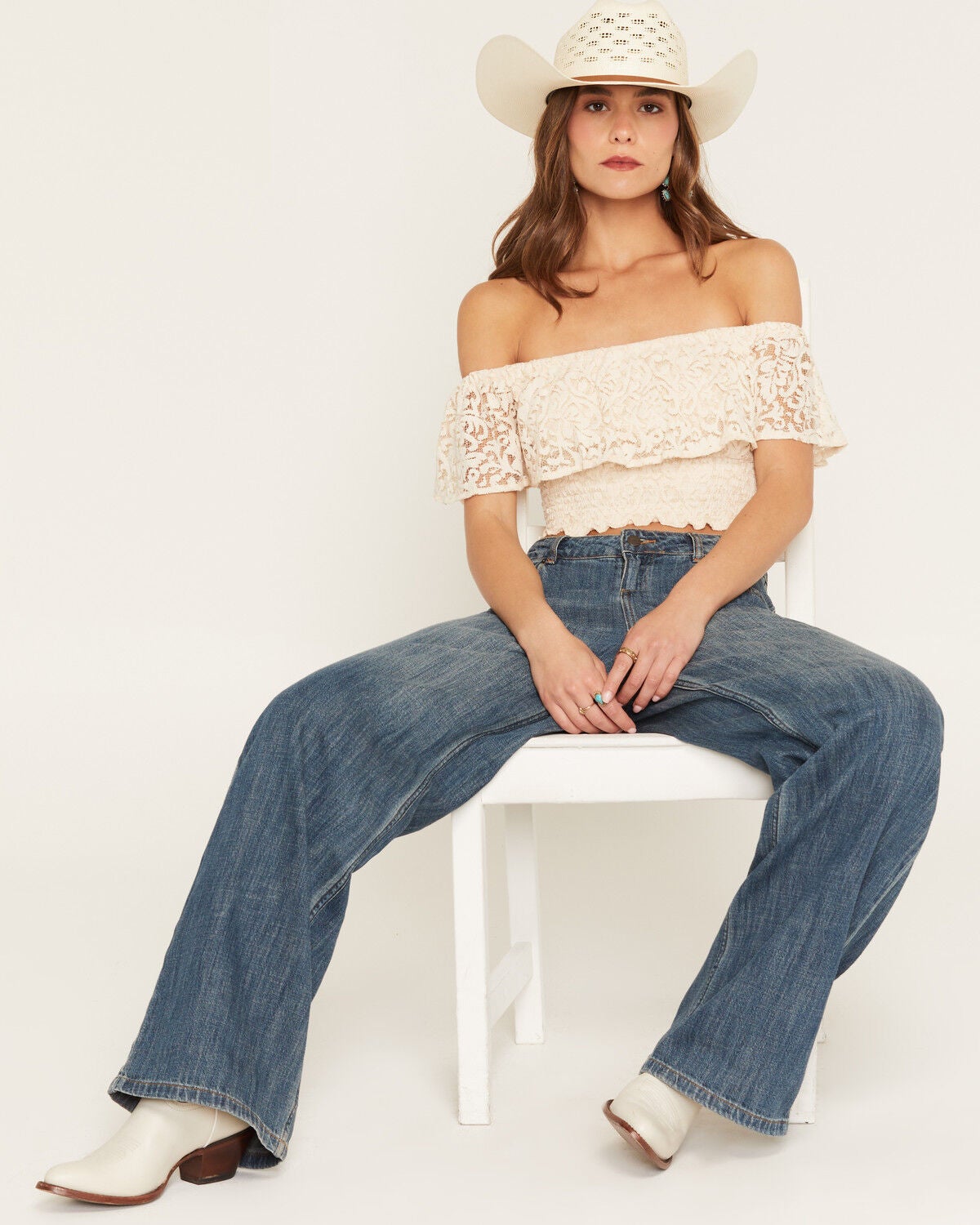 Shyanne Women's Loxley Cropped Lace Top, Natural, hi-res
