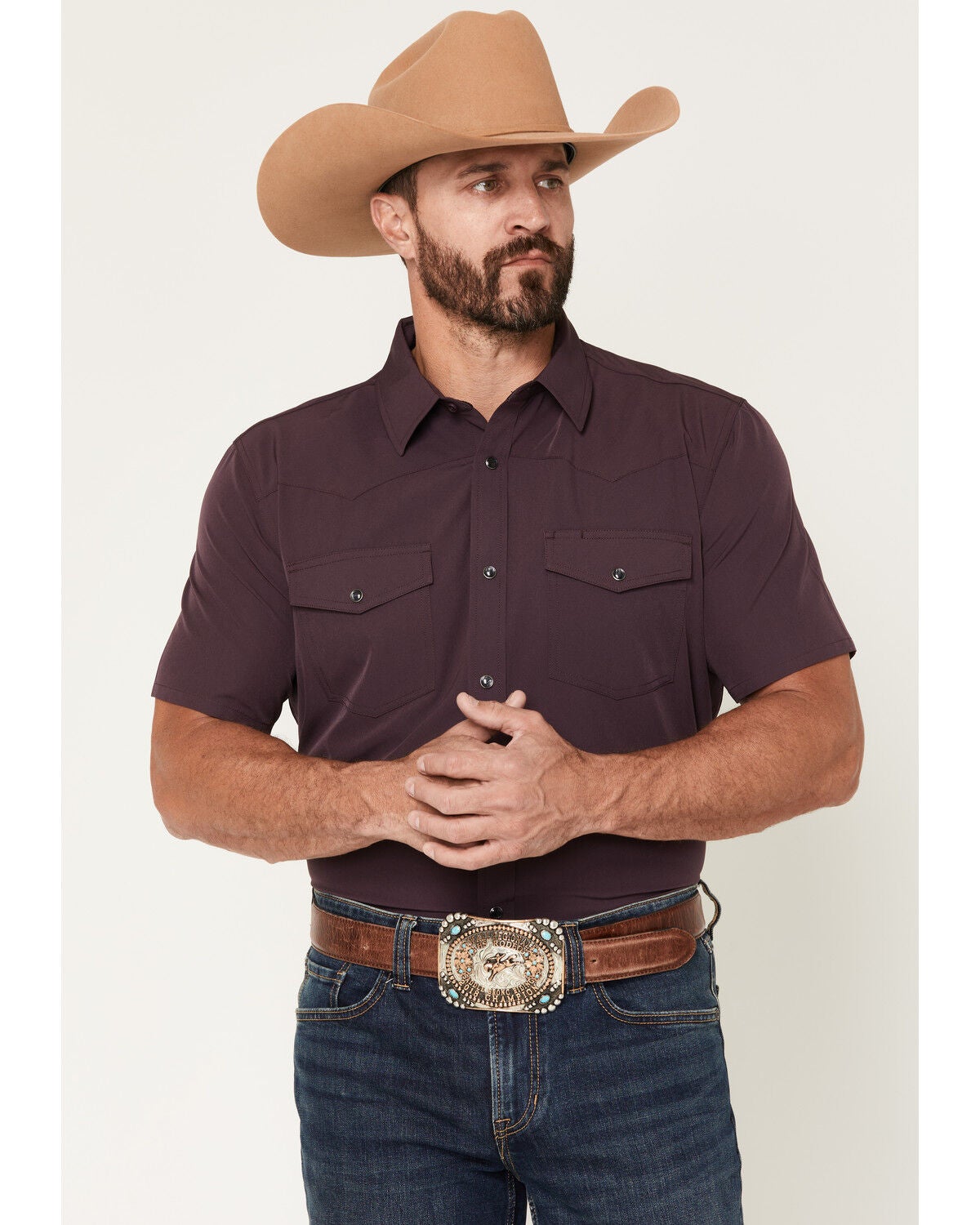Image #1 - RANK 45&reg; Men's Rudge Solid Rodeo Tech 2.0 Short Sleeve Snap Stretch Performance Shirt, Purple, hi-res