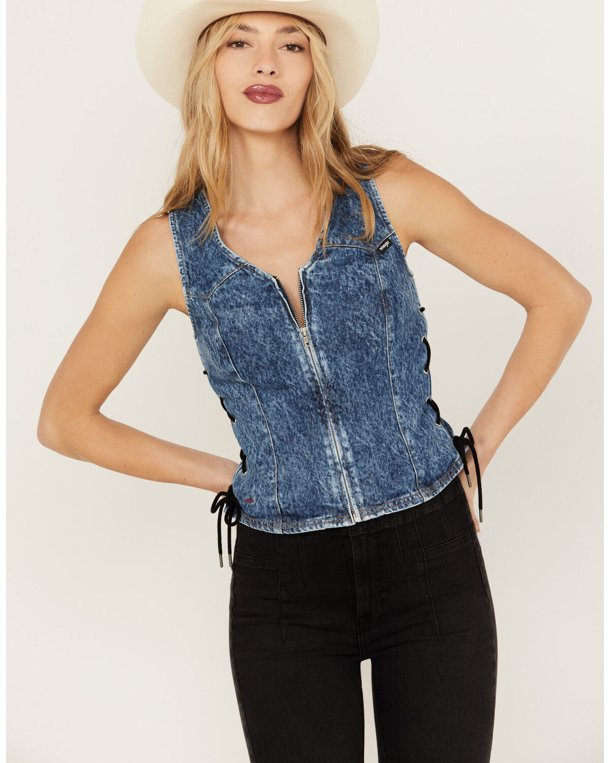 Image #1 - Wrangler X Fender Women's Lace-Up Denim Top, Blue, hi-res