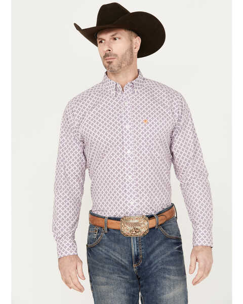 Image #1 - Ariat Men's Merrick Print Button Down Long Sleeve Western Shirt, Lavender, hi-res