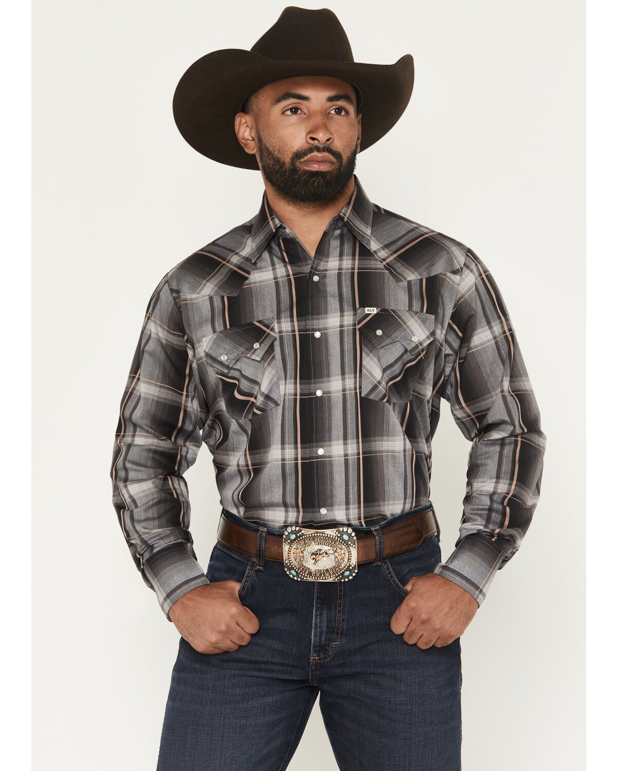 Ely Walker Men's Plaid Print Long Sleeve Pearl Snap Western Shirt, Black, hi-res