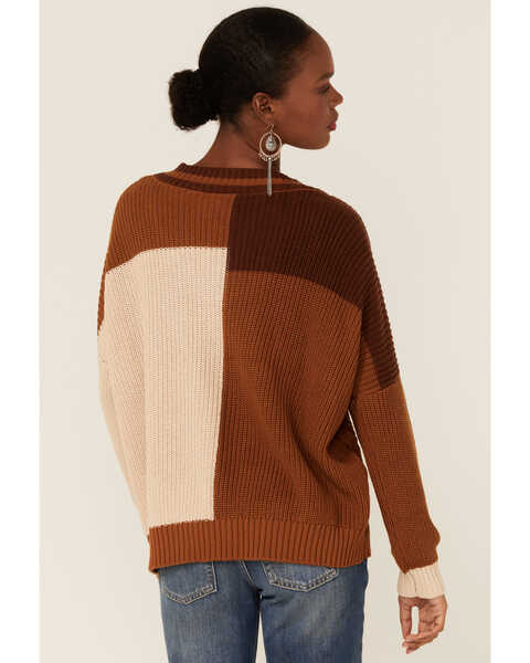 Image #3 - Wild Moss Women's Patchwork Mixed Knit Sweater, Brown, hi-res