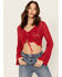 En Creme Women's Crochet Tie Front Long Sleeve Top, Red, hi-res