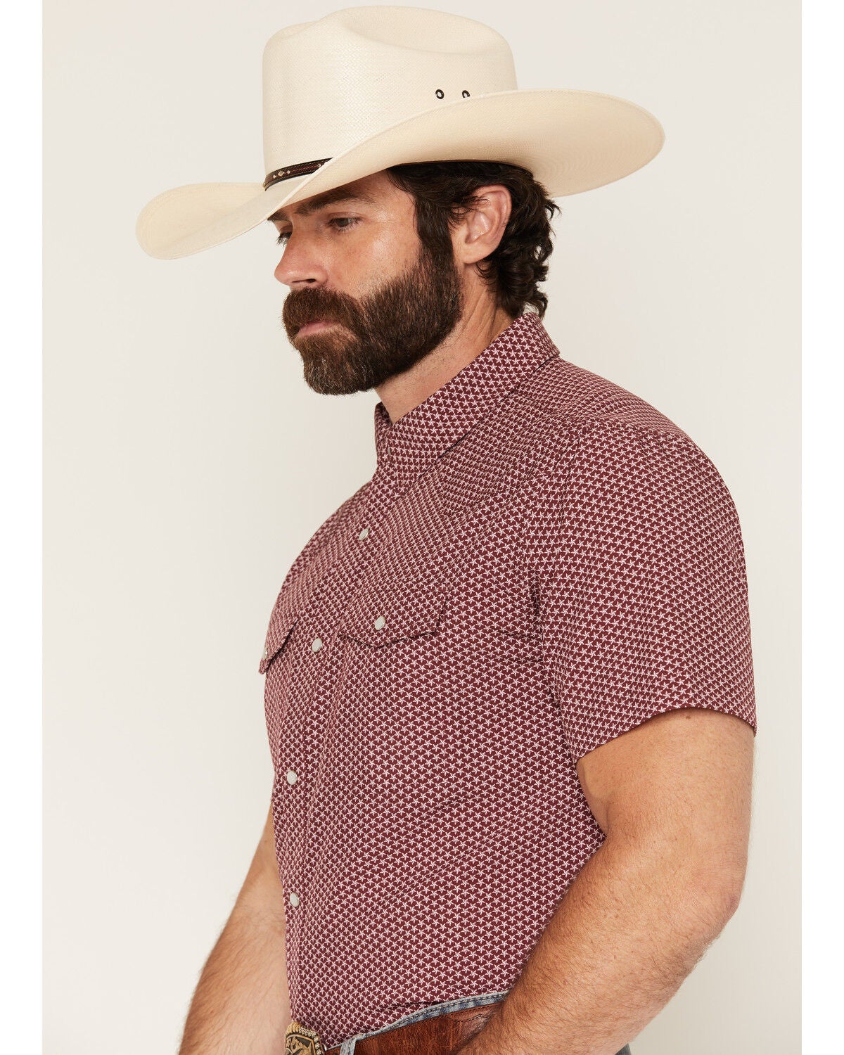 Image #2 - Panhandle Slim Men's Lone Star Print Short Sleeve Pearl Snap Performance Western Shirt, Wine, hi-res