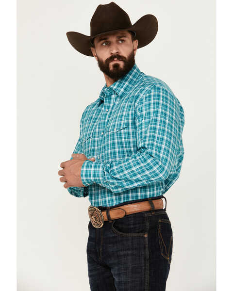 Image #2 - Wrangler Retro Men's Plaid Print Long Sleeve Pearl Snap Western Shirt, Teal, hi-res