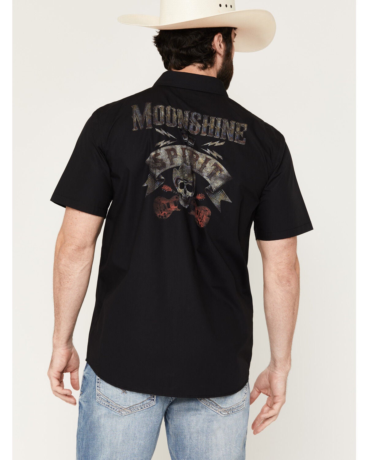 Moonshine Spirit&reg; Men's 120 Proof Logo Print Short Sleeve Snap Western Shirt, Black, hi-res