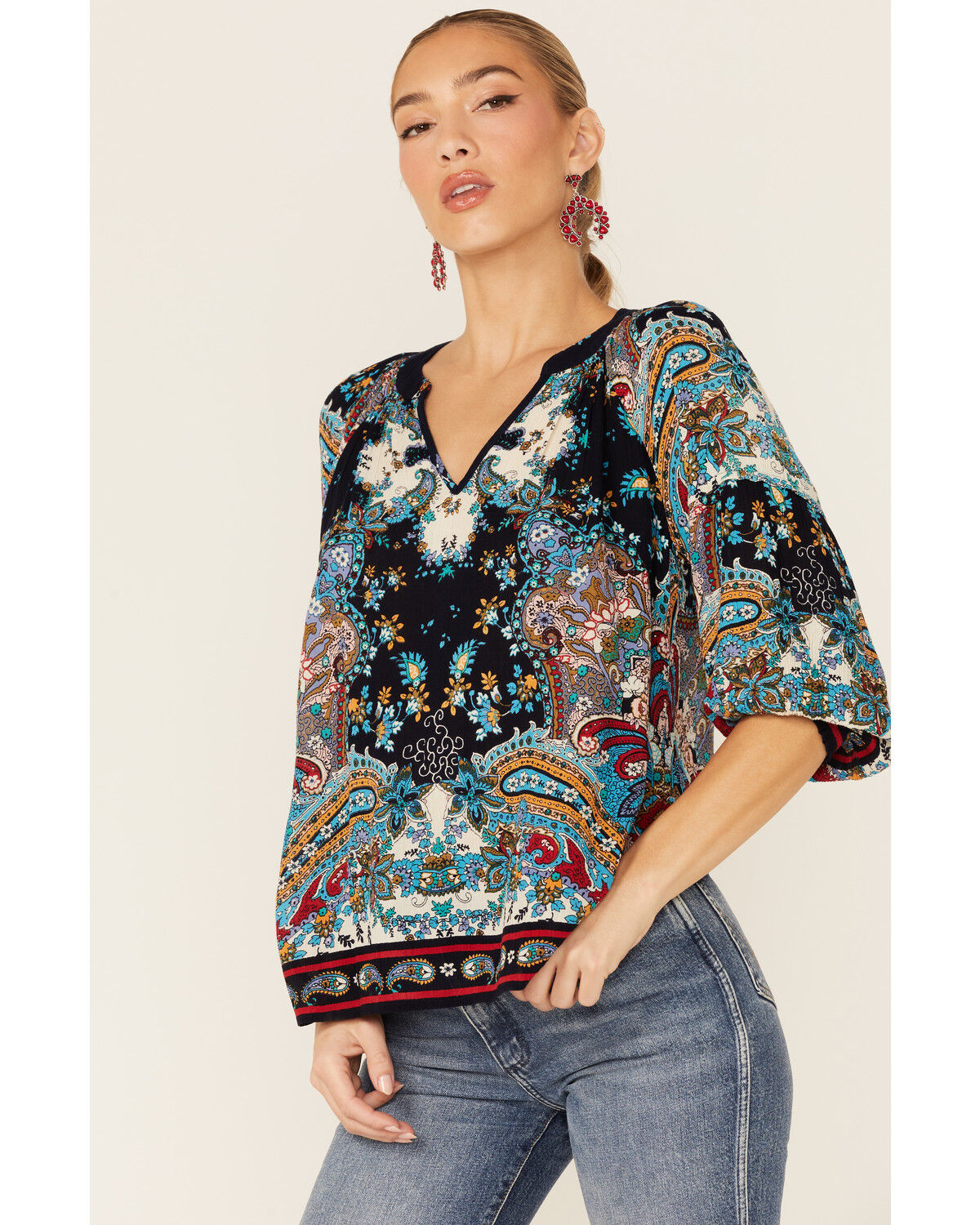 Image #1 - Bila Women's Boho Border Print V-Neckline Top, Navy, hi-res