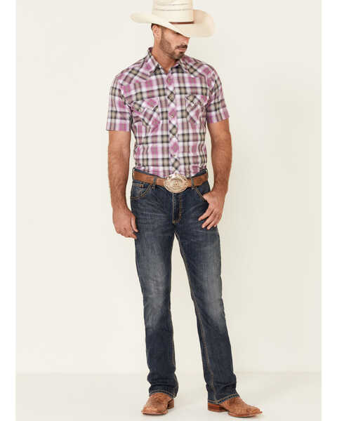 Image #2 - Wrangler Retro Men's Plaid Print Short Sleeve Snap Western Shirt , Purple, hi-res