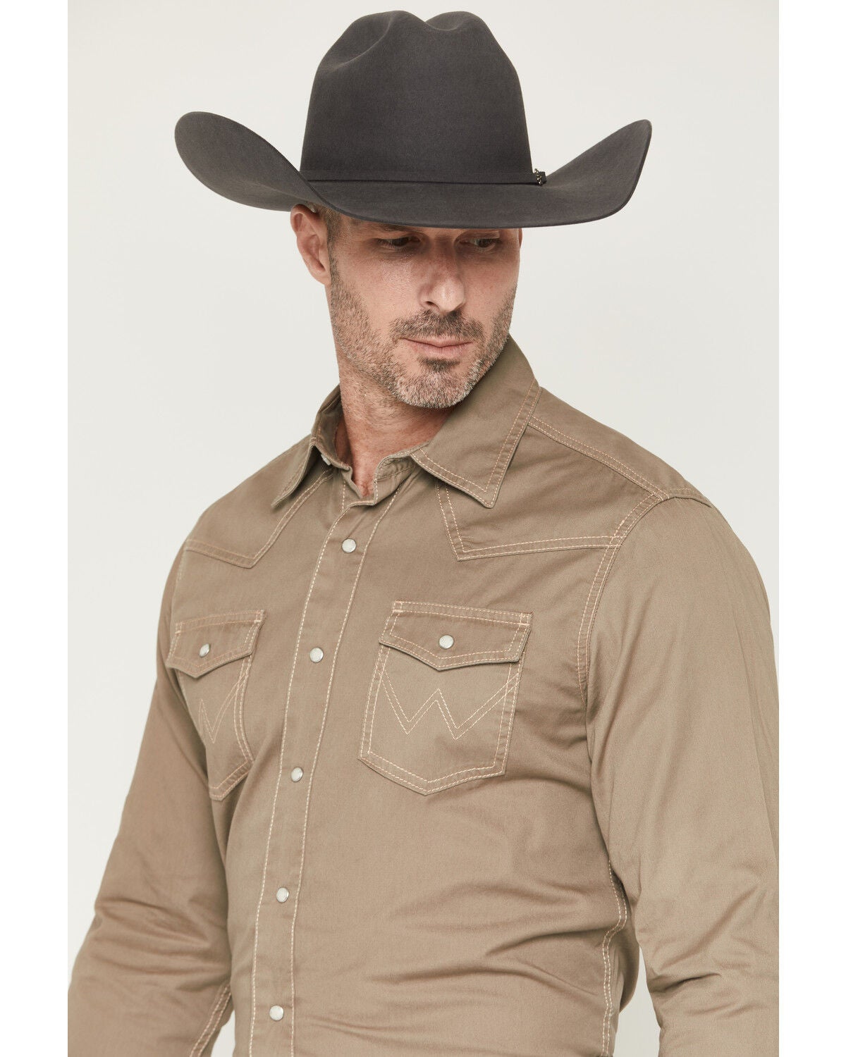 Image #2 - Wrangler Retro Men's Premium Solid Long Sleeve Snap Western Shirt, Taupe, hi-res
