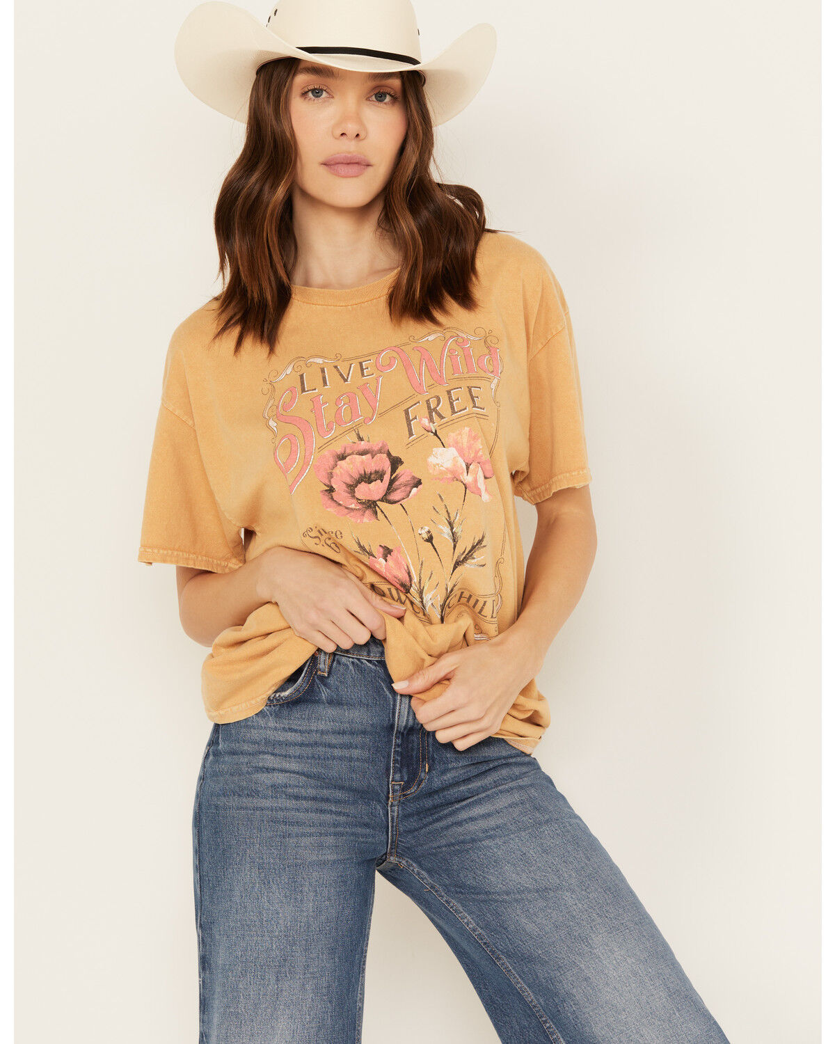 Image #1 - Youth in Revolt Women's Floral Stay Wild Graphic Short Sleeve Graphic Tee, Mustard, hi-res