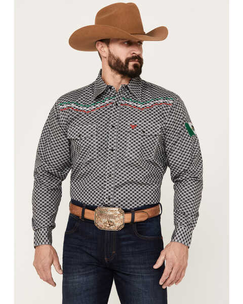Image #1 - Cowboy Hardware Men's Rolodex Geo Print Mexico Embroidered Long Sleeve Snap Western Shirt, Black, hi-res
