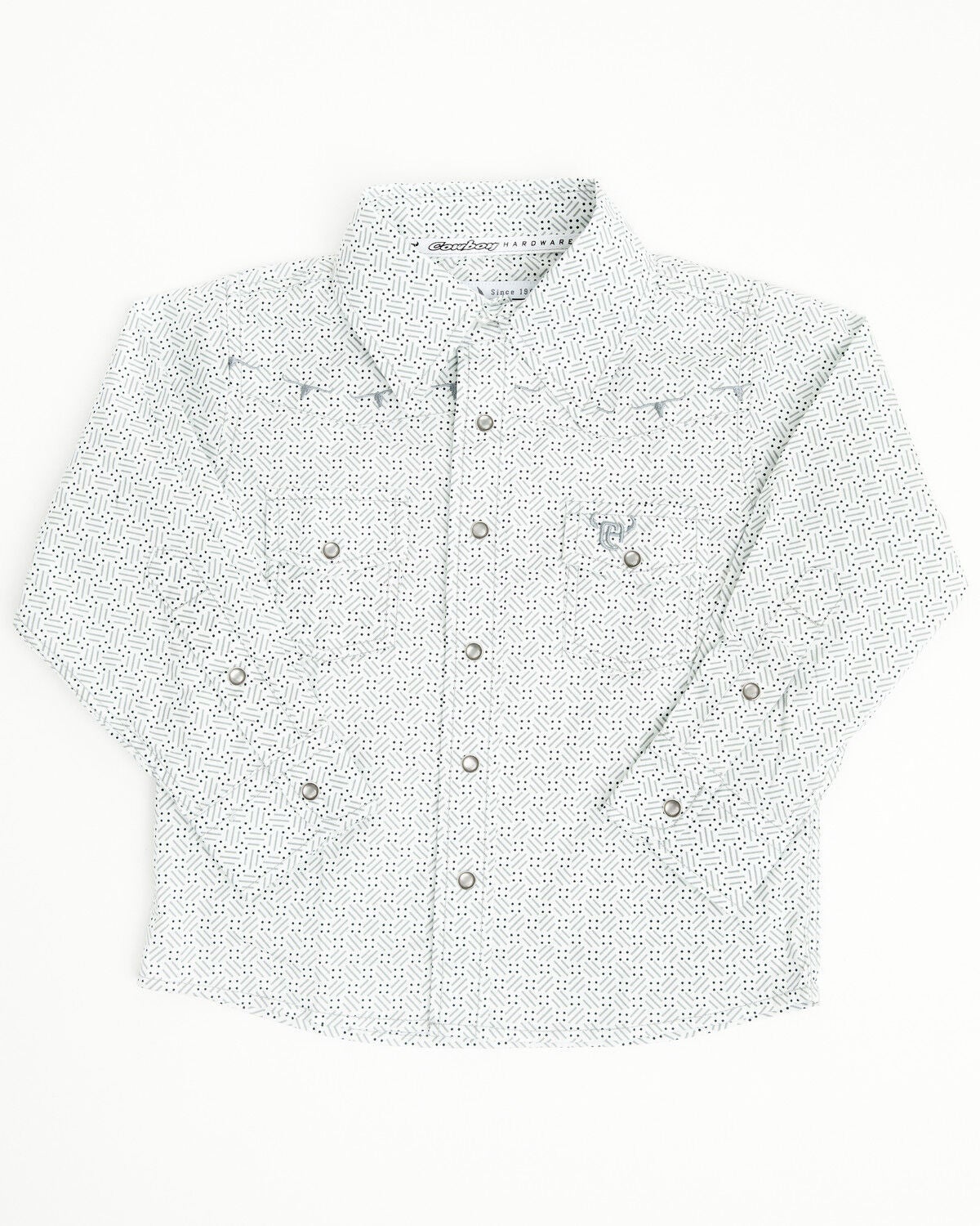 Image #1 - Cowboy Hardware Toddler Boys' Geo Print Long Sleeve Pearl Snap Stretch Western Shirt, White, hi-res