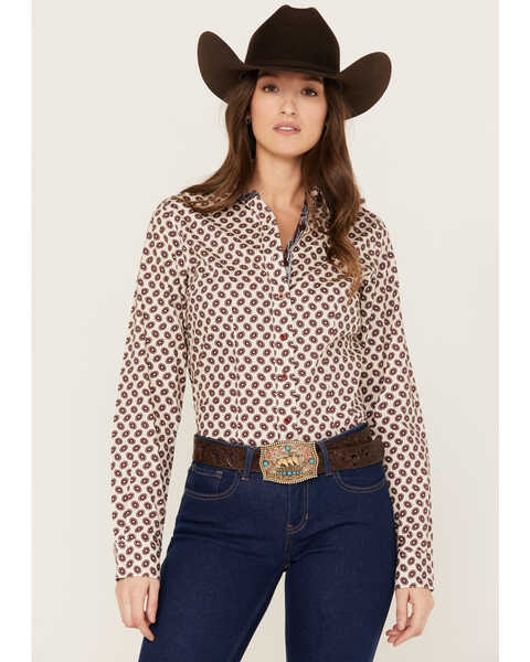 Image #1 - Cinch Women's Medallion Striped Long Sleeve Button-Down Western Shirt, Ivory, hi-res