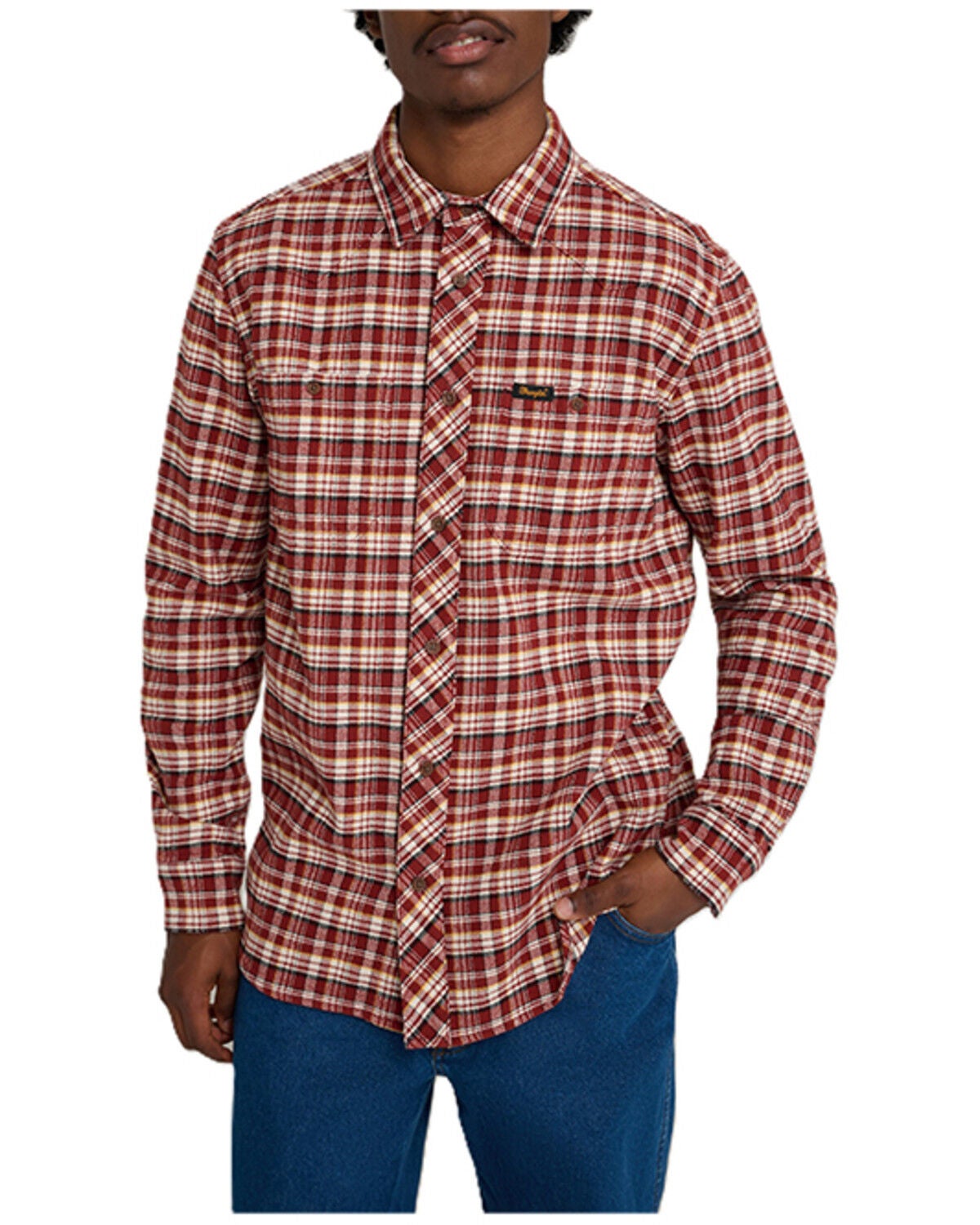 Image #1 - Wrangler X Stranger Things Men's Will Plaid Print Long Sleeve Button-Down Flannel Shirt, Brick Red, hi-res