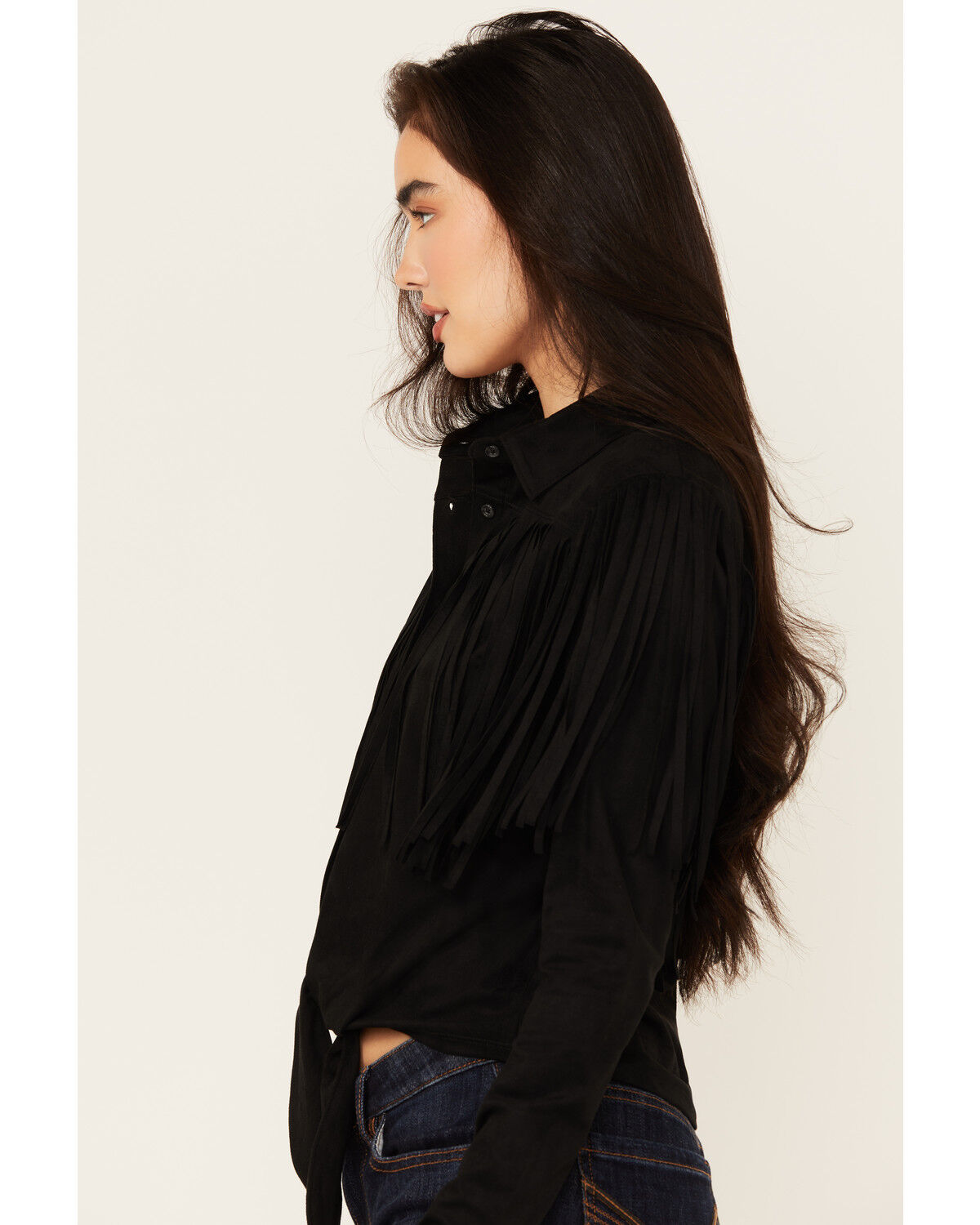 Image #3 - Idyllwind Women's Fate Faux Suede Fringe Long Sleeve Button-Down Tie-Front Shirt, Black, hi-res