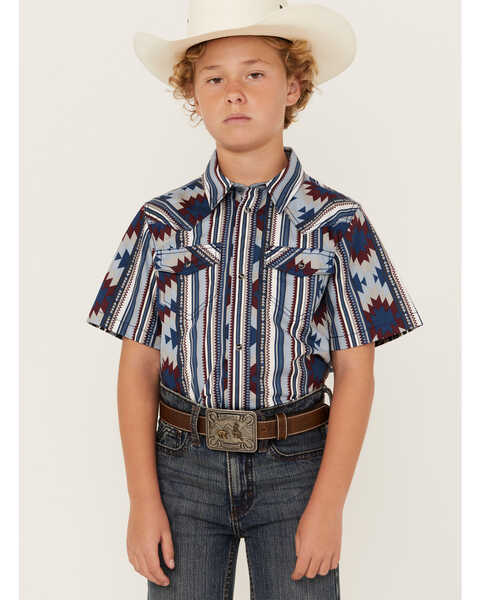 Image #1 - Cody James Boys' Southwestern Striped Short Sleeve Snap Western Shirt, Light Blue, hi-res