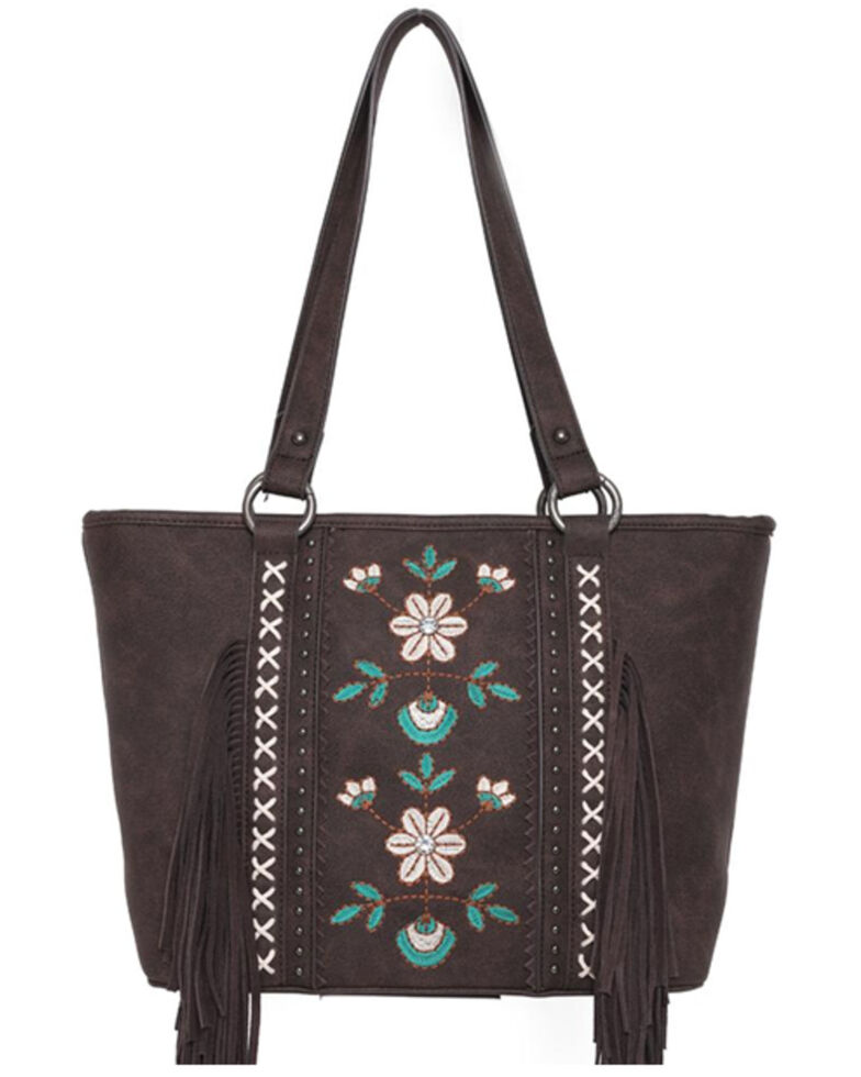 Montana West Women's Embroidered Fringe Conceal Tote Handbag, Dark Brown, hi-res