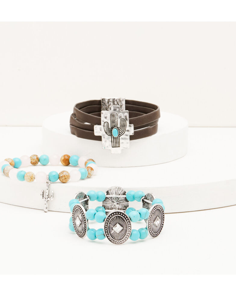 Shyanne Women's Silver & Turquoise Concho Cactus Beaded Stretch Bracelet Set, Silver, hi-res