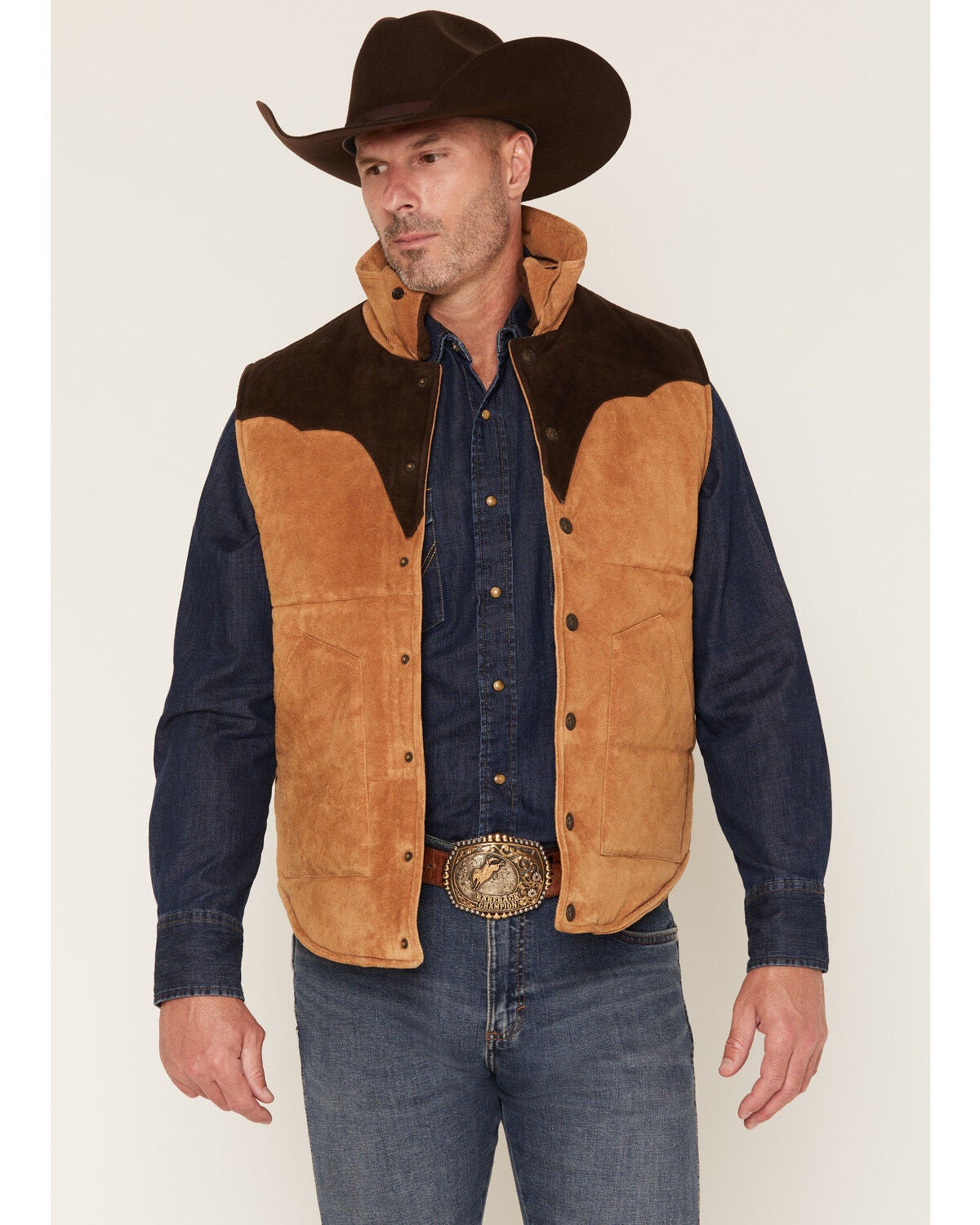 Image #1 - Cripple Creek Men's Suede Color Block Snap Puffer Vest, Cognac, hi-res