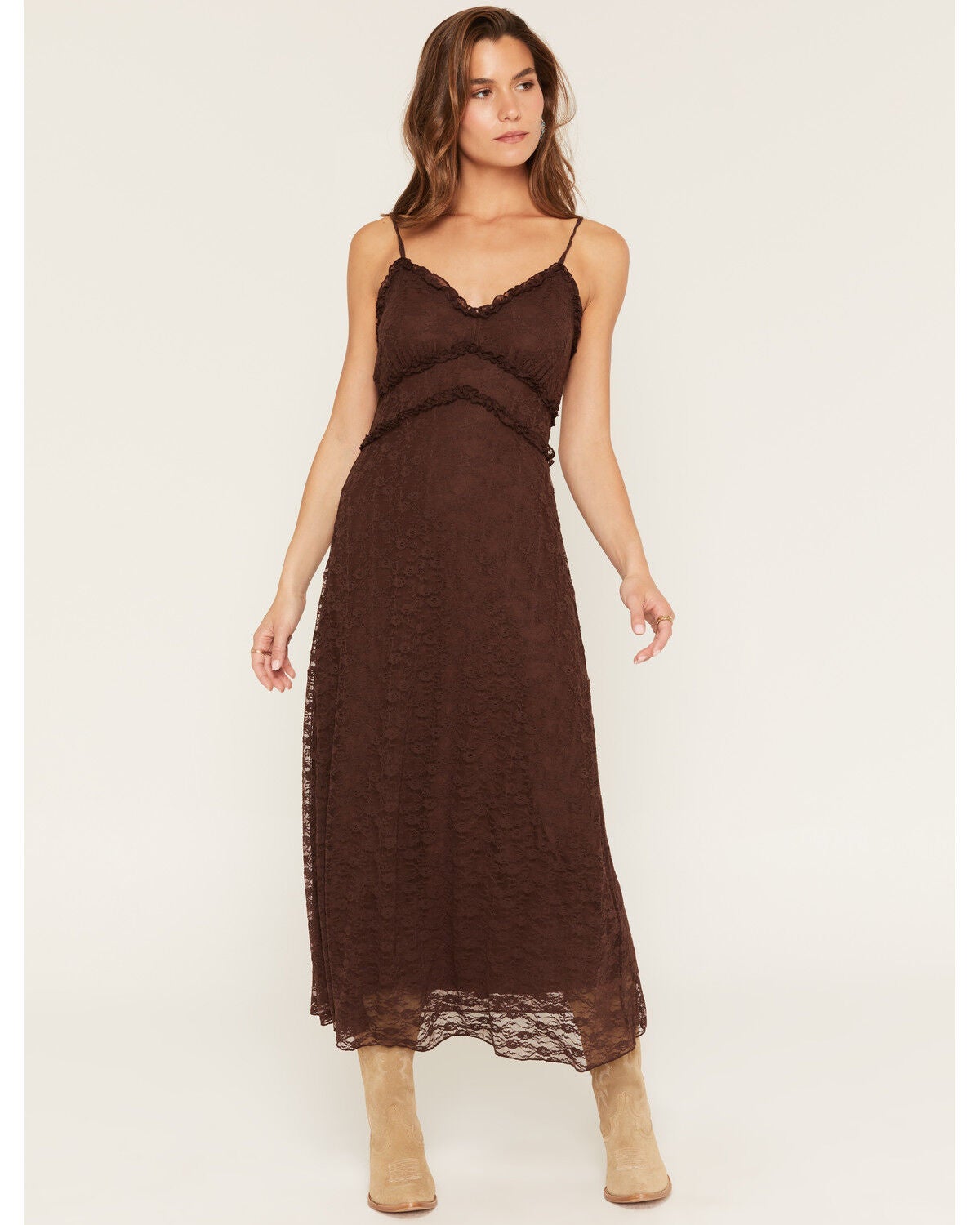 Originality Women's Solid Lace Sleeveless Midi Dress, Brown, hi-res