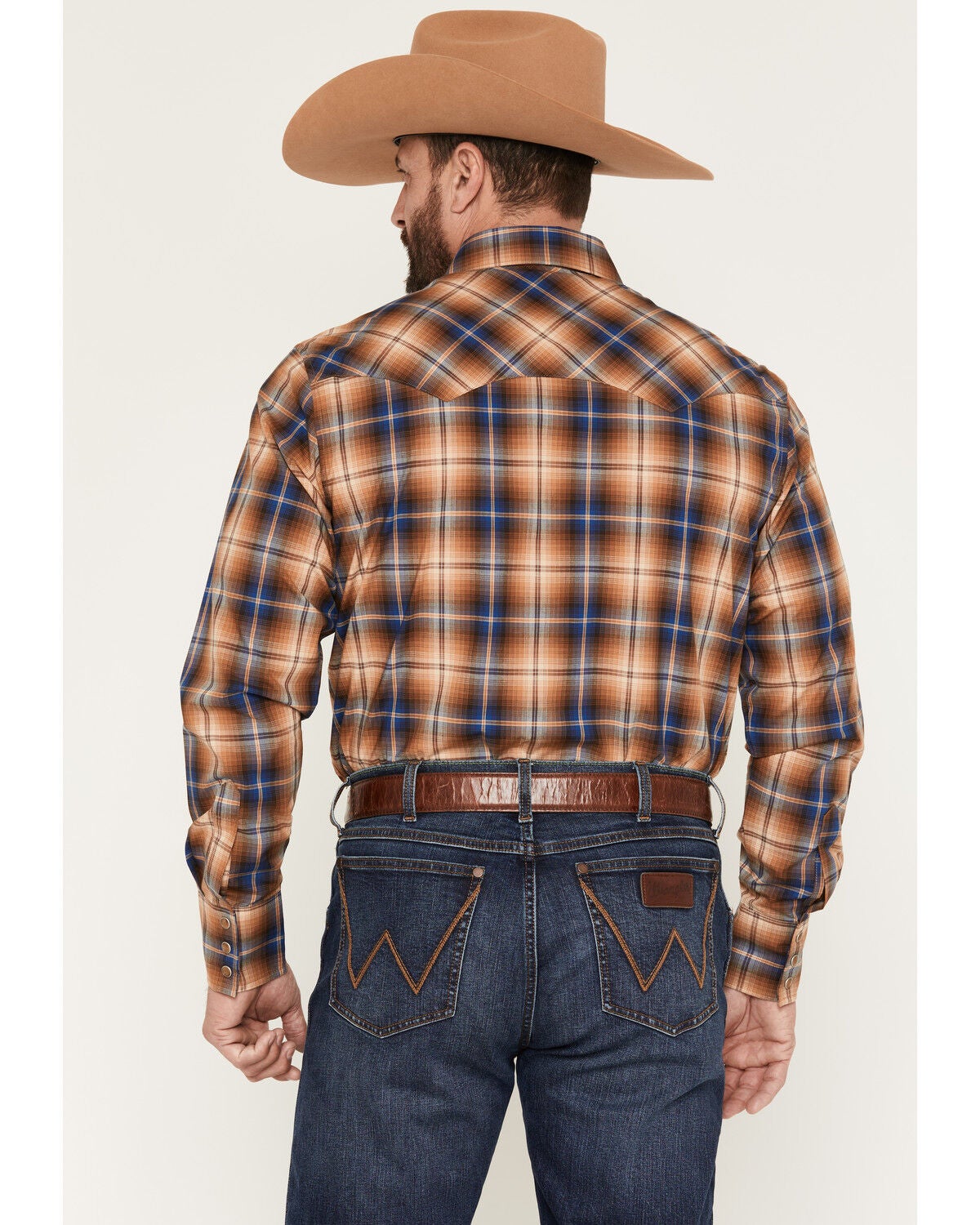 Image #4 - Wrangler Retro Men's Plaid Print Long Sleeve Snap Western Shirt, Brown, hi-res