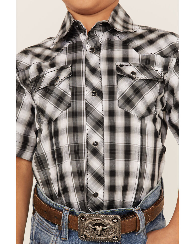 Wrangler Boys' 20X Plaid Print Western Short Sleeve Snap Shirt, Black/blue, hi-res