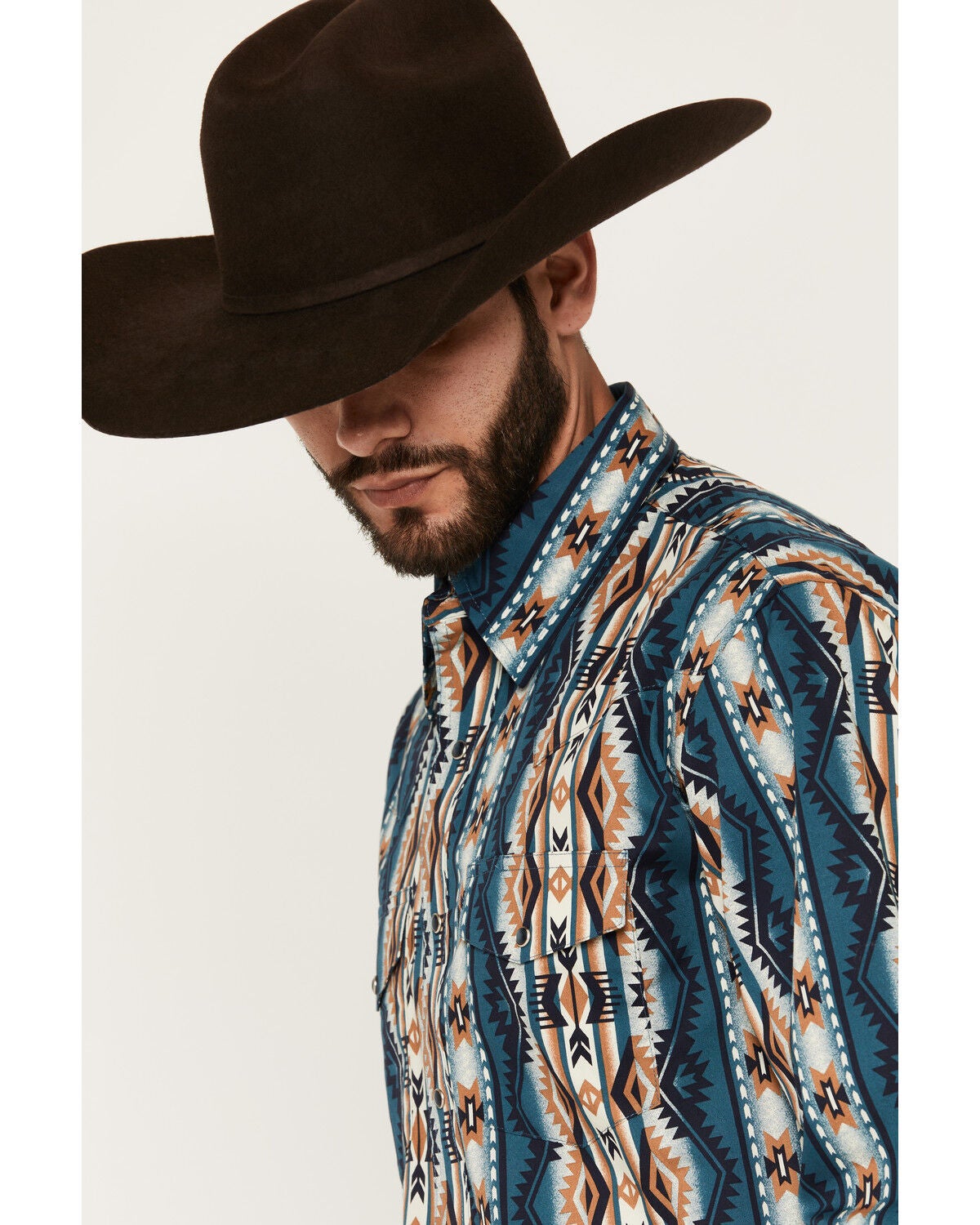 Image #2 - Wrangler Men's Checotah Southwestern Striped Long Sleeve Pearl Snap Western Shirt, Teal, hi-res
