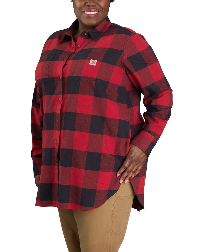Carhartt Women's Oxblood Red Plaid Rugged Flex Long Sleeve Button-Down Flannel Work Shirt - Plus, Red, hi-res