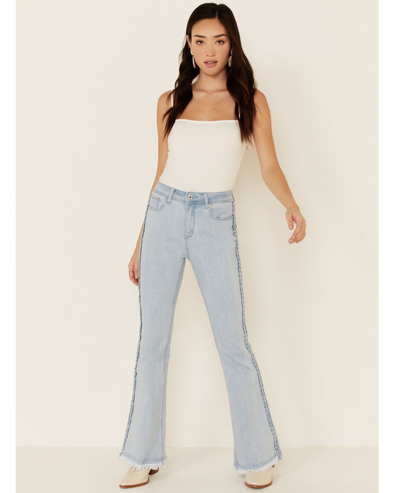 Grace in LA Women's Distressed Flare Leg Jeans, Blue, hi-res