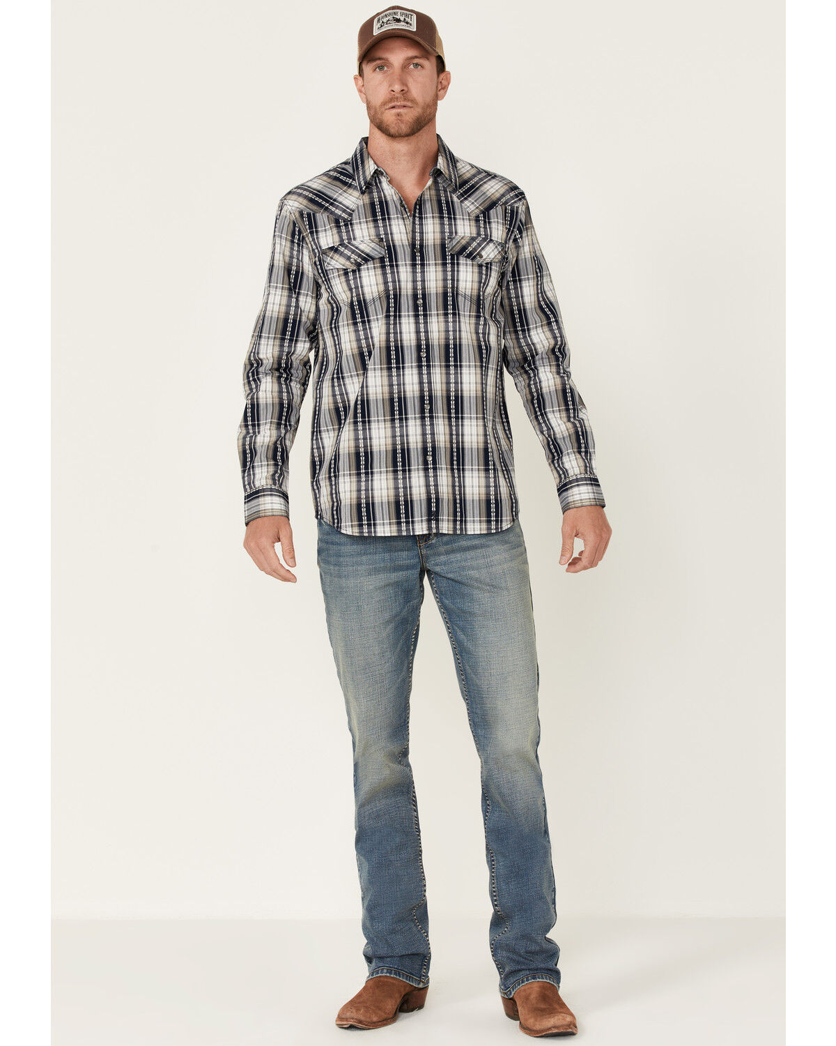 Image #2 - Moonshine Spirit Men's Talum Plaid Long Sleeve Snap Western Shirt, Navy, hi-res