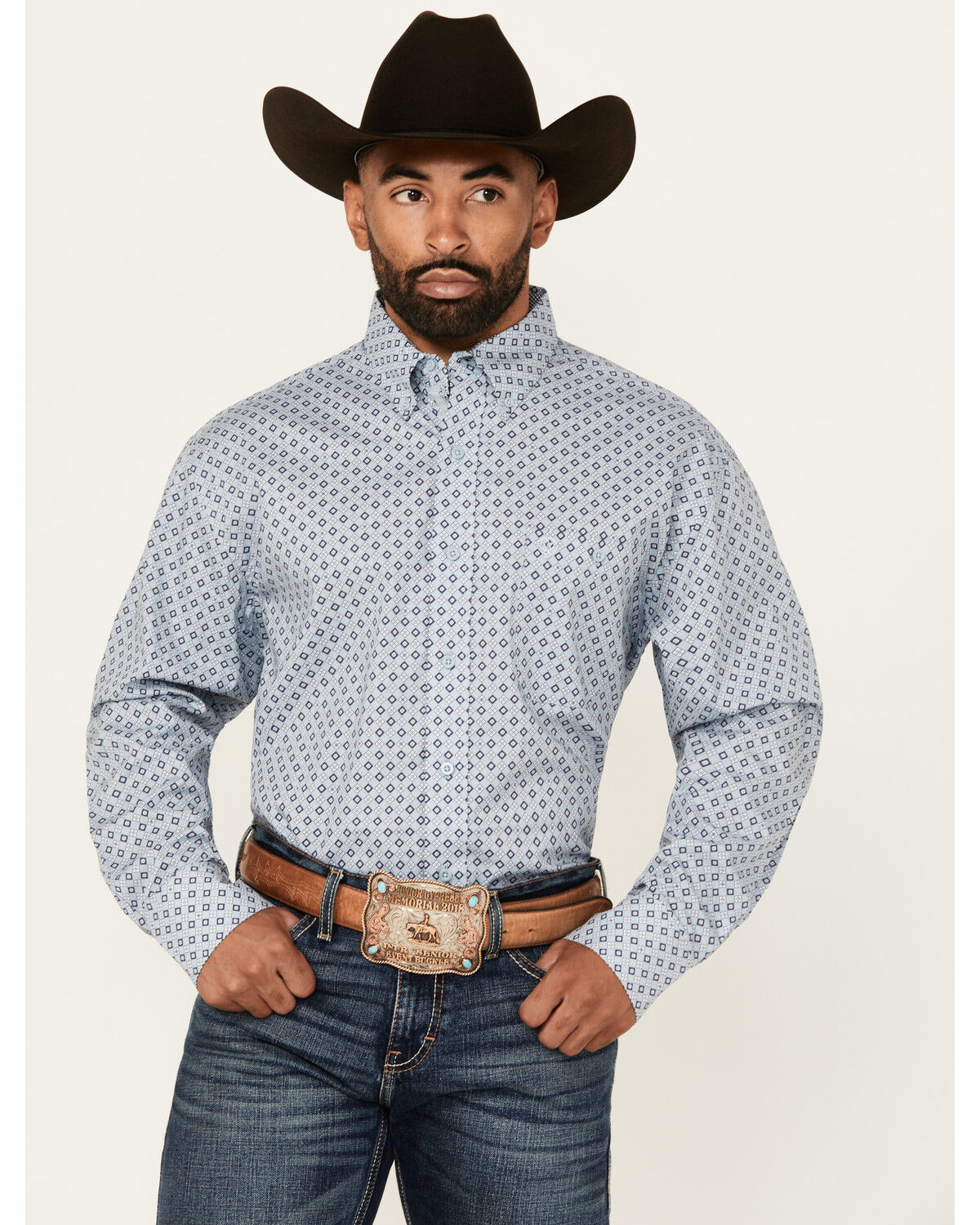 Image #1 - George Strait by Wrangler Men's Geo Print Long Sleeve Button-Down Stretch Western Shirt - Tall, Blue, hi-res