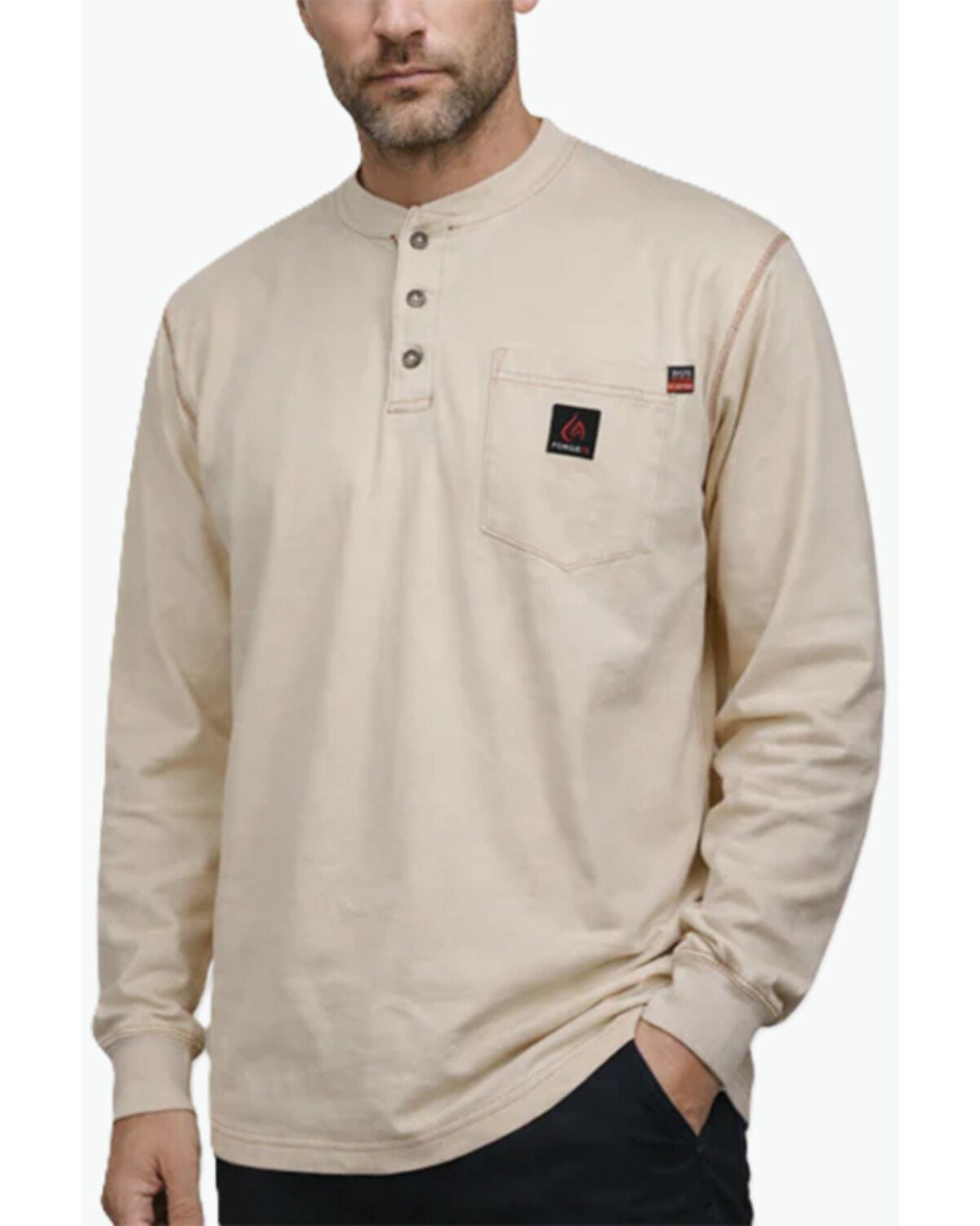 Forge Workwear Men's FR Solid Long Sleeve 1/4 Button-Down Henley Work Shirt, Sand, hi-res