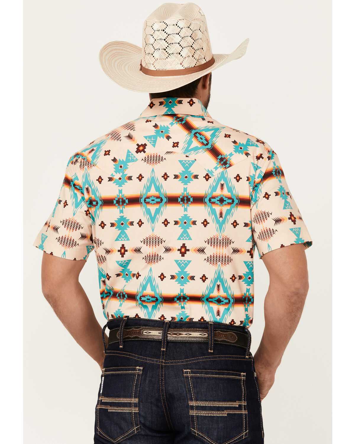 Image #4 - Rock & Roll Denim Men's Southwestern Print Short Sleeve Snap Stretch Western Shirt, Natural, hi-res