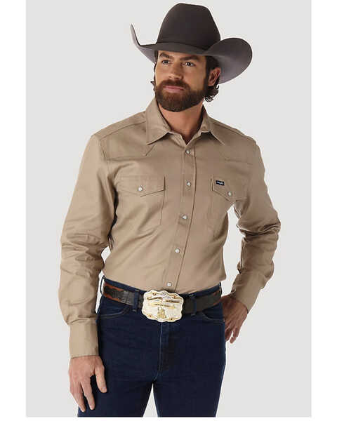 Image #1 - Wrangler Men's Solid Cowboy Cut Firm Finish Long Sleeve Work Shirt, Khaki, hi-res